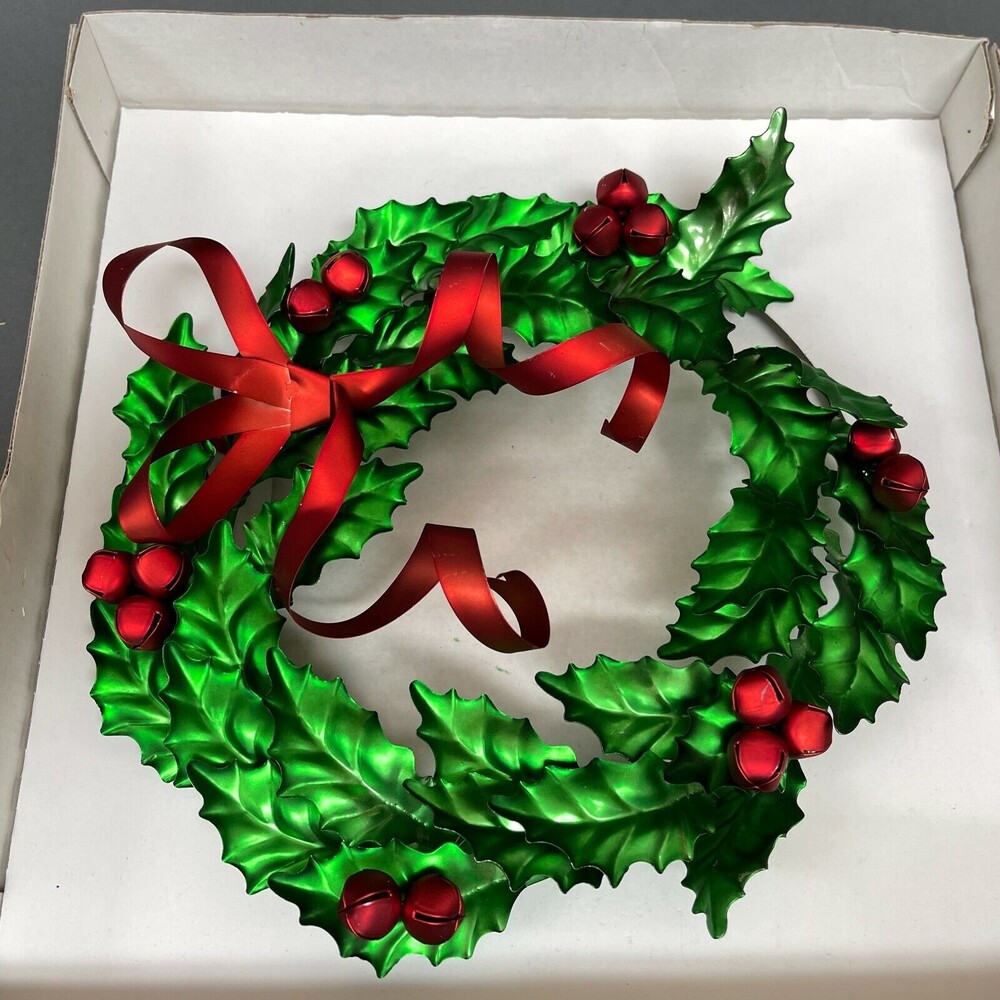 Dept. 56 Holly Bow Wreath with Metal Ribbon Bells Green Red 10 1/4 x 9 1/2